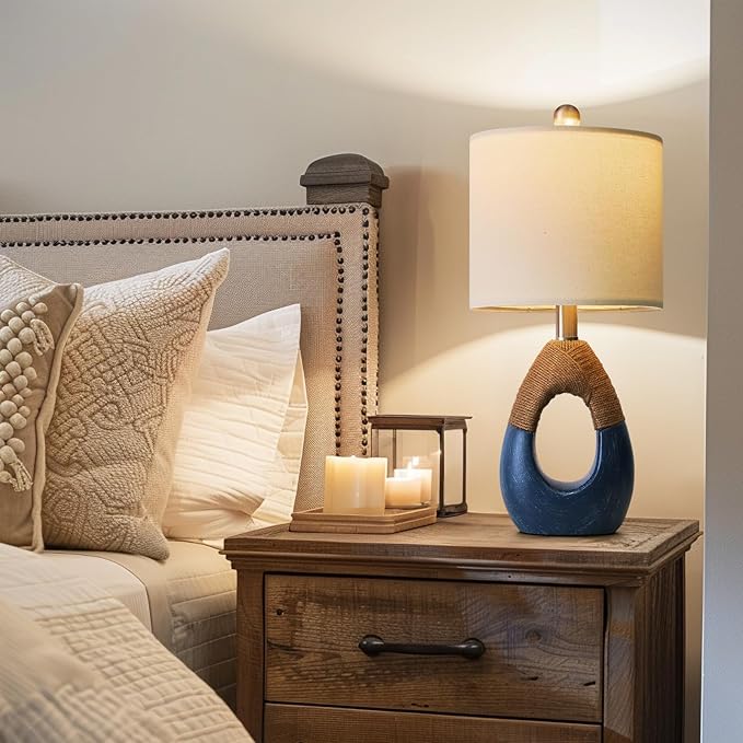 OYEARS 19" Table Lamp for Living Room,Boho Lamp for Bedroom, Bedside for Nightstands, Suitable for Small Space,Coastal Farmhouse, End Table, Rattan Nautical Beach Style, Blue,1 Pack