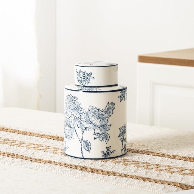 Ceramic Decorative Jars with Lid, Blue and White Ginger Jar for Home Decor, Cylindrical Vase Decor, 7.7x5.4 Inch, Flowers and Branches