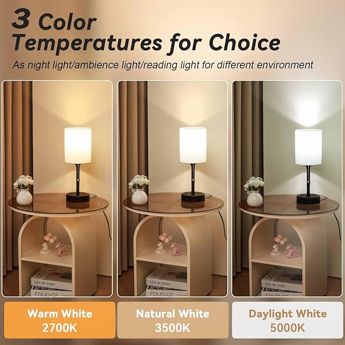 Small Bedside Table Lamp for Nightstand with USB & Outlet, 3 Color, Matte Black, White Lampshade (LED Bulb Included)