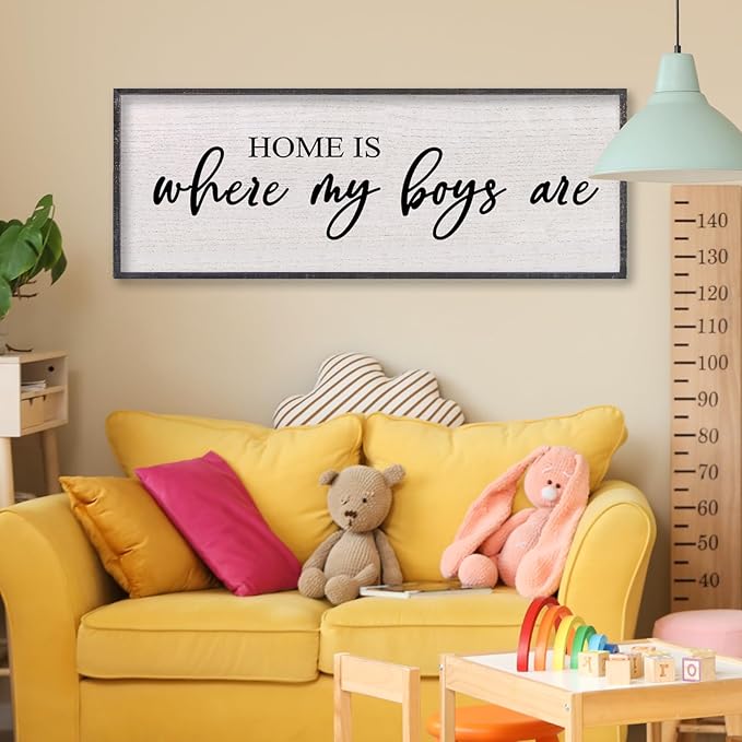Home Is Where My Boys Are Wall Decor 40"×15" mom and her boys Sign for boys room Playroom Large Wood Framed Wall Hanging Art (Black)