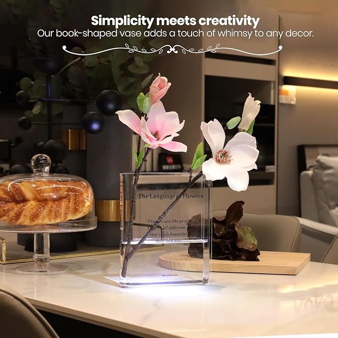 Book Vase for Flowers Home Décor,Artistic and Cultural Flavor Decorative Acrylic Clear Vase for Home and Office,Creative Gifts for Book Lovers. (Transparent)