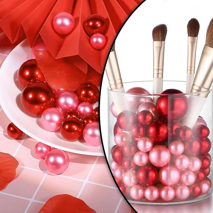 Pink Red Vase Filler | 150PCS Pearls Bead for Centerpieces Vases | 8/14/20 mm No Hole Beads, Fake Pearls for Wedding Birthday Theme Party Table Centerpieces Decors