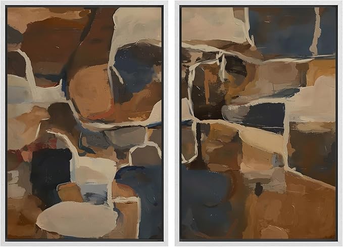 SIGNFORD Framed Canvas Print Wall Art Set Earthy Tones Abstract Layers Modern Brown and Blue Color Block Illustrations Modern Art Decorative for Living Room, Bedroom, Office - 16"x24"x2 White