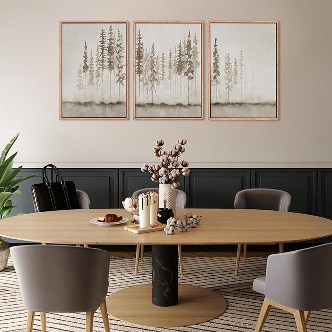 HPNIUB Large Misty Forest Framed Canvas Art Print Set, Modern Foggy Pine Tree Wall Decor, Pastel Nature Landscape, Abstract Foggy Forest Plant Art for Living Room, Bedroom, Office - 16" x 24" x 3