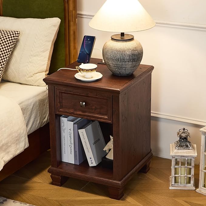 Farmhouse Side Table with Charging Station, Rustic Wood End Table with Drawer, Small Nightstand with Open Shelf for Bedroom, End Tables for Living Room, Walnut