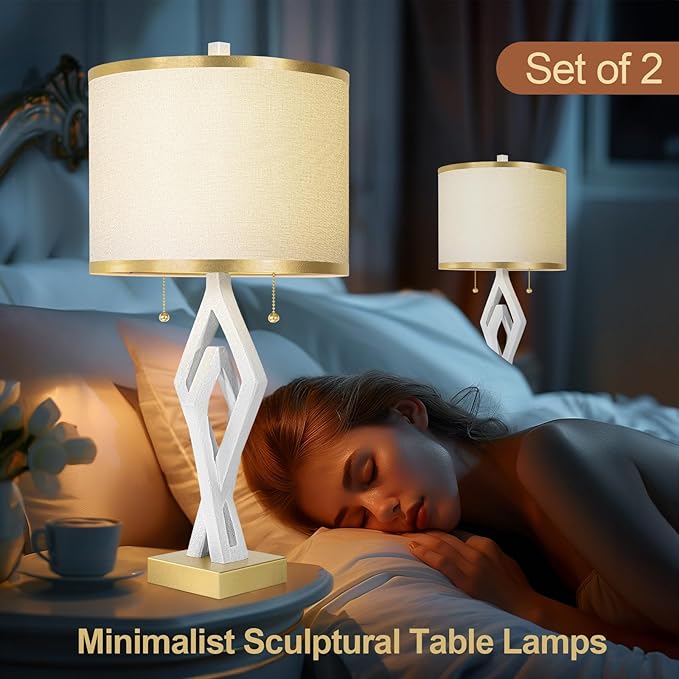 Sculptural Table Lamp Set of 2 for Bedroom, 26” White Modern Bedside Lamps for Living Room, White Linen with Gold Trim Shade, Dual S Nightstand Lamp Metal Base with USB for Home Decor (Bulbs Included)