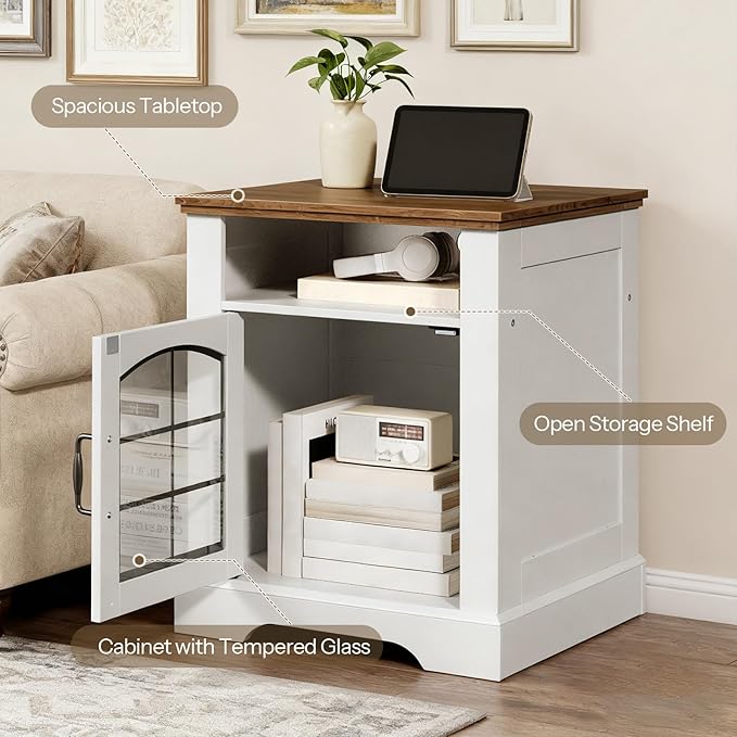 HOOBRO Small Farmhouse End Table for Living Room, Rustic Nightstand with Charging Station, Wooden Sofa Side Table with Tempered Glass Barn Door, for Bedroom, White and Walnut WH405UBZ01