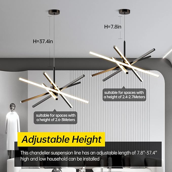 Modern Sputnik Chandelier Ceiling 82W LED Black Pendant Light Embedded Mount Chandeliers Dining Room Light Fixtures Over Table Dimmable with Remote Control for Living Room Kitchen Bedroom 31.5 inches