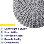 Pouf Ottoman Foot Rest Stuffed – 20” Diameter x 14” Tall Cozy Floor Pouf for Living Room, Bedroom, Nursery & More – 100% Cotton Knit Shell, EPS Bead Filled Footrest & Accent Chair, Gray