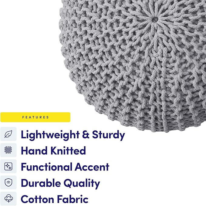 Pouf Ottoman Foot Rest Stuffed – 20” Diameter x 14” Tall Cozy Floor Pouf for Living Room, Bedroom, Nursery & More – 100% Cotton Knit Shell, EPS Bead Filled Footrest & Accent Chair, Gray