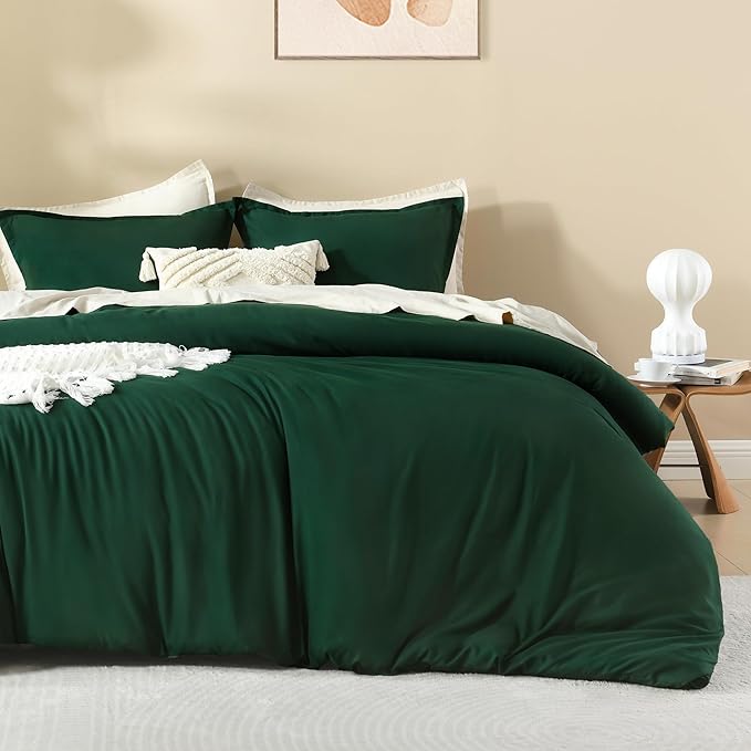 Litanika Dark Emerald Green Full Comforter Set, 3 Pieces Solid Forest Bedding Set, All Season Fluffy Bed Set (79x90In Comforter & 2 Pillowcases)