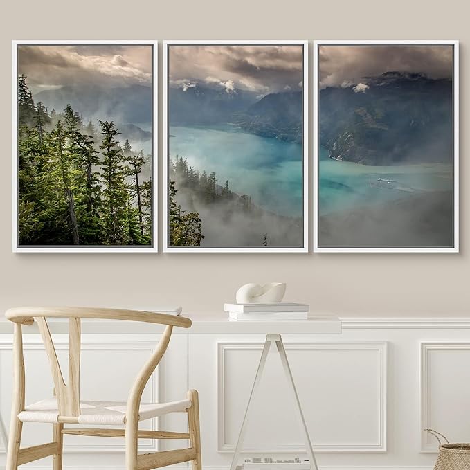 SIGNWIN 3 Piece Framed Canvas Wall Art Foggy Mountains Canvas Prints Home Artwork Decoration for Living Room,Bedroom - 24"x36"x3 White