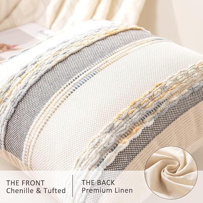 Boho Throw Pillow Covers 18x18 Set of 2 Farmhouse Decorative Cushion Case Striped Square Pillows Cover Chenille Pillow Cases Accent Neutral Pillowcase for Sofa Couch Bed,Orange-Gray