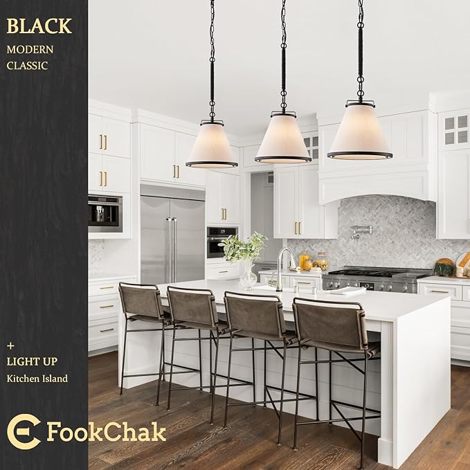 3-Pack Black Pendant Lights Kitchen Island Ceiling Pendant Light with Linen Lampshade 10in Transition Pendant Hanging Light with Chain for Kitchen Sink Entryway Hallway Dining Room