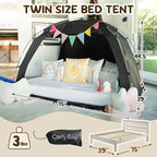 EighteenTek Bed Canopy with Lights, Sleeping Dream Twin Bed Tent, Portable Cottage Drafty Room Blackout Breathable Privacy Big Indoor Tents for Girls & Boys Bedroom Decor, Black