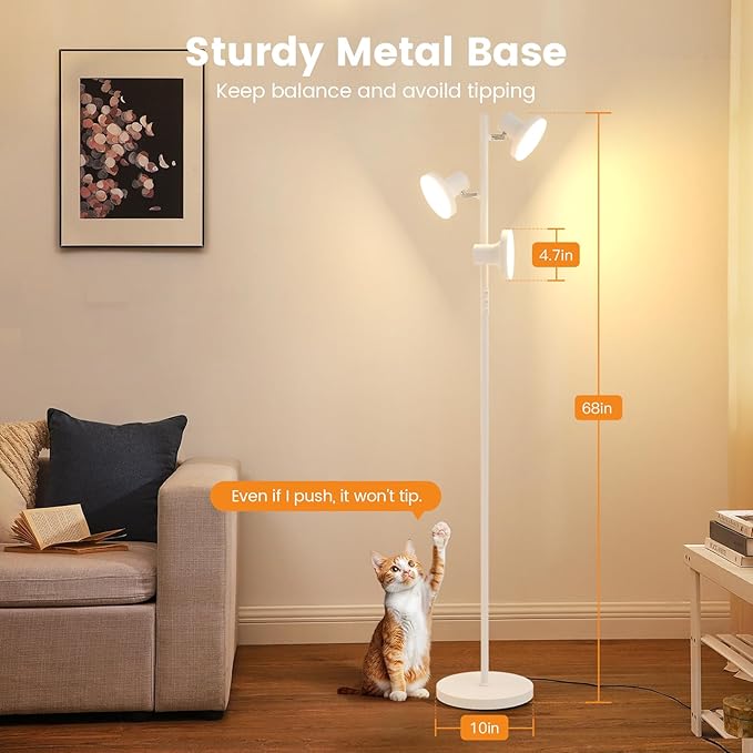 36W LED Tree Floor Lamp, Modern Dimmable Standing Lamp with Remote & Touch Control, 4 Color Temperatures, 3 Rotatable LED Light Floor Lamps for Living Room, Bedroom, Office