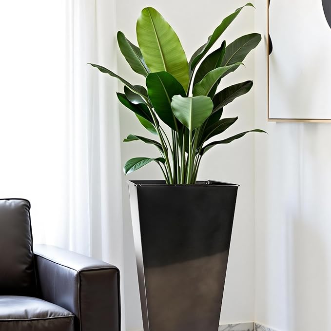Worth Garden 28" H. Large Metal Glazed Planter Set of 2, Modern Glossy Finish Black Tall Square Tapered Steel Flower Plant Pots for Indoor & Outdoor Use - Insert Plate with Drain Holes, Air Vents