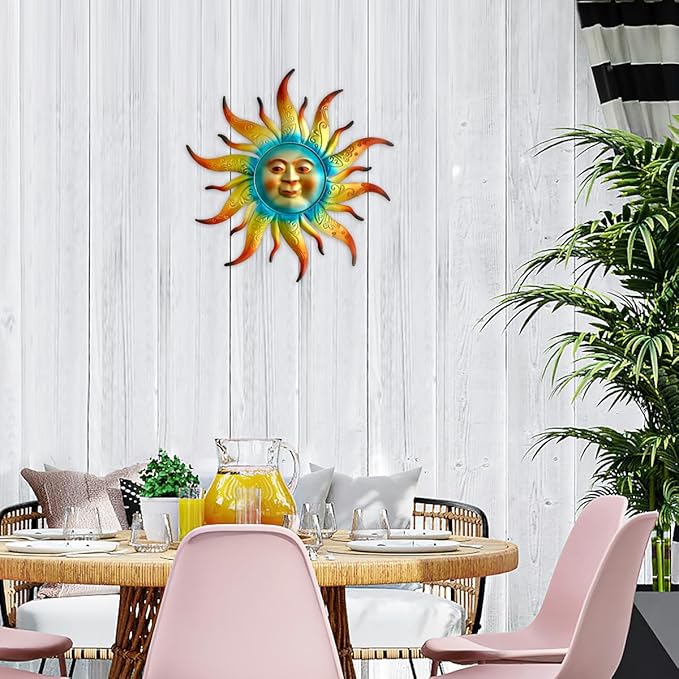 Metal Sun Wall Art Decor - 17.3 inches Outdoor Wall Decor,Sun Face Sculpture for Garden Farmhouse Yard Patio Fence Living Room Bedroom Gift Idea for Family Friends