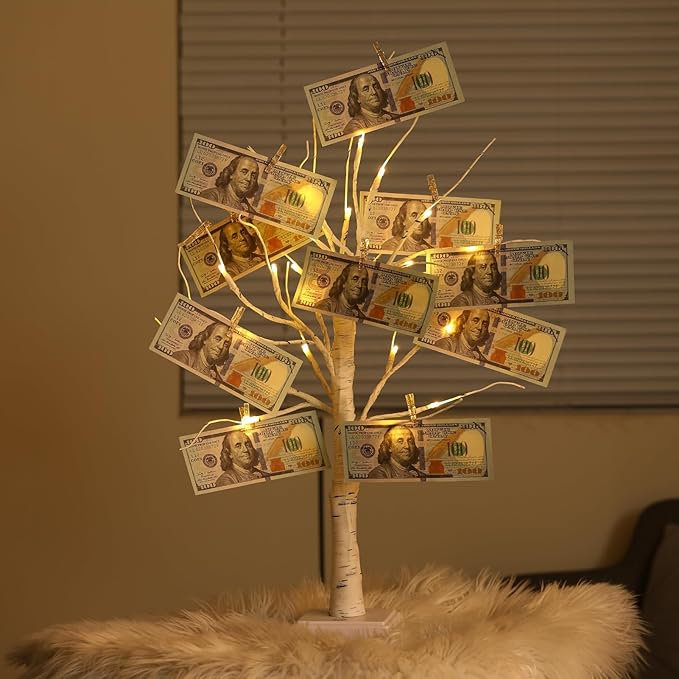 Money Tree Gift Holder, Pre-lit Birch Tree, Battery/USB Powered Light Up Display Twig Gift Card Treelight with 22 Clips and 6 Cards for Home Christmas Graduation Photo Memo