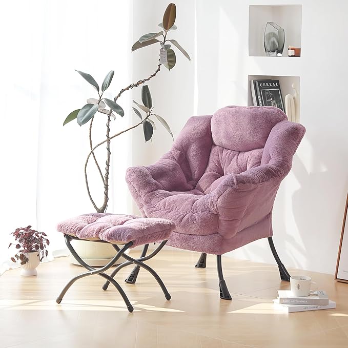 Plush Lazy Chair and Ottoman, Large Contemporary Accent Lounge Chair with Armrests and a Side Pocket, Modern Leisure Upholstered Sofa Reading Armchair with Footrest for Bedroom, Living Room