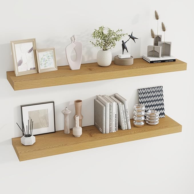 Dreamland 48 inch Floating Shelves for Wall Large Wall Mounted Shelves with Invisible Brackets, Oak Long Shelves for Bathroom, Living Room, Kitchen, Office, 48x9.1 inch deep Set of 2