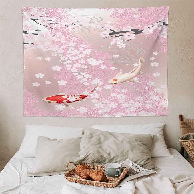 Houselerax Japanese Koi Fish Tapestry, Cherry Blossoms Asian Oriental Pink Flower Branch Koi Fish Carp Tapestries Wall Hanging for Bedroom Living Room Office Decor 80"x60"