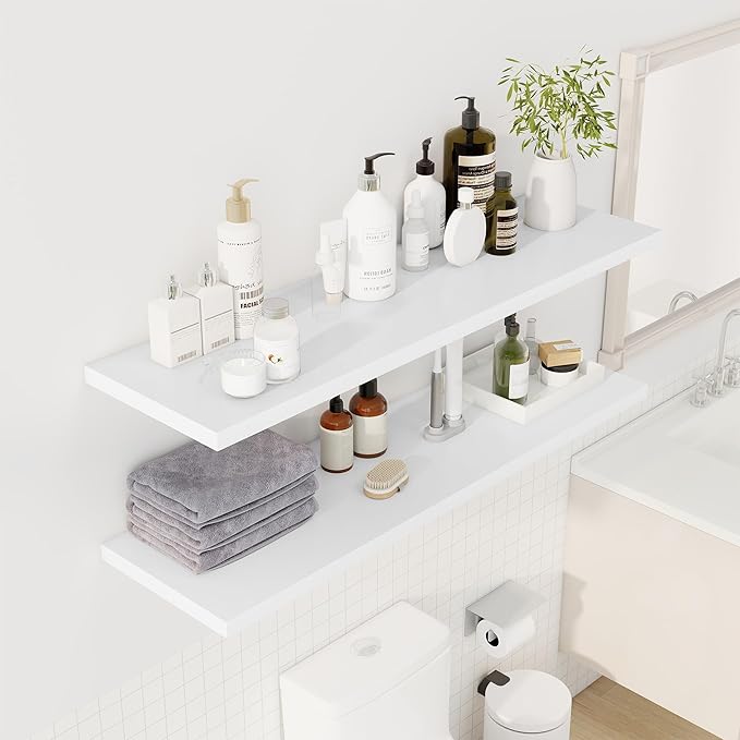 Dreamland 48" Floating Shelves for Wall, 12" Deep Slim White Floating Shelves, Wall-Mounted Shelves for Bedroom, Living Room, Kitchen, Bathroom - Set of 2
