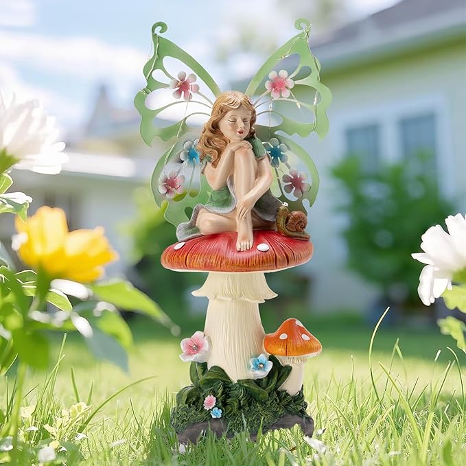 Solar Fairy Garden Decor Flower Fairies Mushroom Figurines with Snail Decor Gifts for Women Mom Miniature Fairy Figurine for Lawn Garden Patio Yard Decorations Outdoor Statue