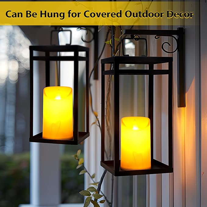 Modern Farmhouse Lantern Decor, 2Pcs Metal Candle Lanterns with Flameless Candles Black Decorative Lantern for Front Porch Covered Patio Dining Table Entryway Table Wedding Home Decor
