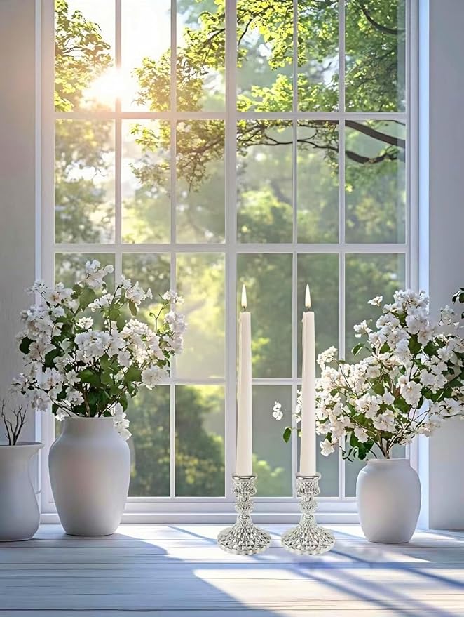 Glass Candlestick Holder,Striped Taper Candle Holders,Set of 6 Candle Stand for Table Centerpieces, Home Decor,Weddings,Festival and Parties (Silver Diamond)