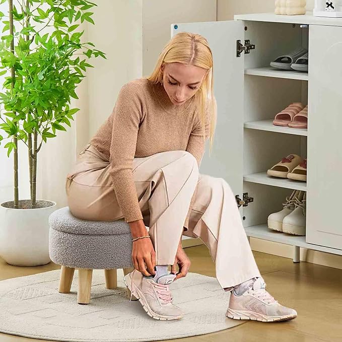 Wimarsbon Storage Ottoman, Modern Round Footrest with Soft Padded Seat, Teddy Velvet Footstool with Wood Legs, Accent Small Table or Plant Stand for Hallway, Living Room (Grey)