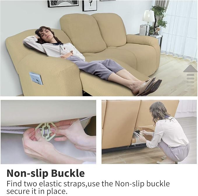 Easy-Going 8 Pieces Recliner Sofa Stretch Sofa Slipcover Sofa Cover Furniture Protector Couch Soft with Elastic Bottom Kids, Spandex Jacquard Fabric Small Checks Beige