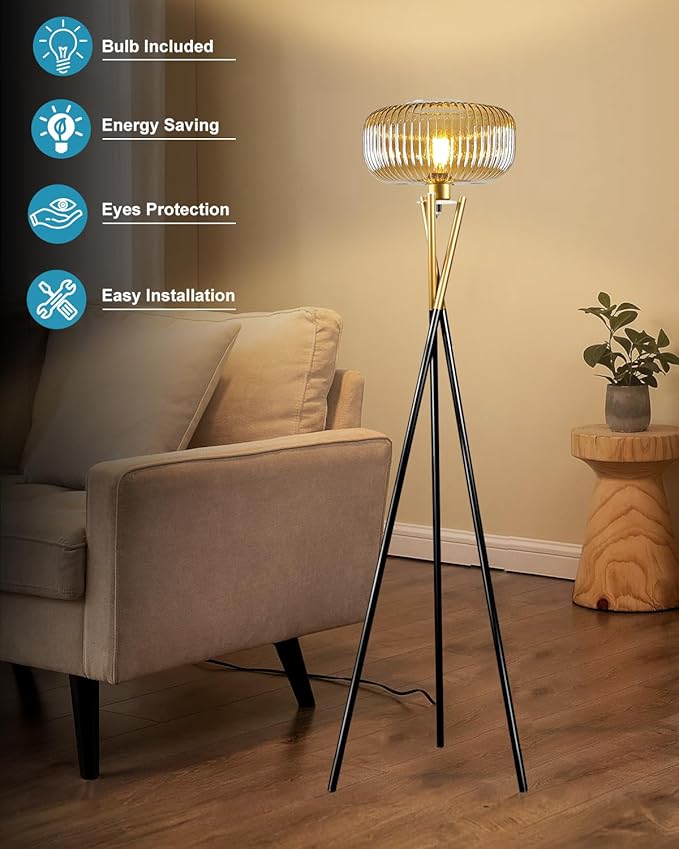 Lightdot Glass Tripod Floor Lamp for Living Room, Modern Gold&Black Standing Lamp with Ribbed Champagne Glass Lampshade, Arc Tall Lamp for Bedroom Office Reading Room, (LED Bulb Included)