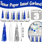 3P Navy-Blue White-Silver Tassel Garland Banner, Tassels Banner Streamers for Parade Floats, Bachelorette, Wedding, Birthday, Halloween, Christmas, Bridal/Baby Shower Party Decorations