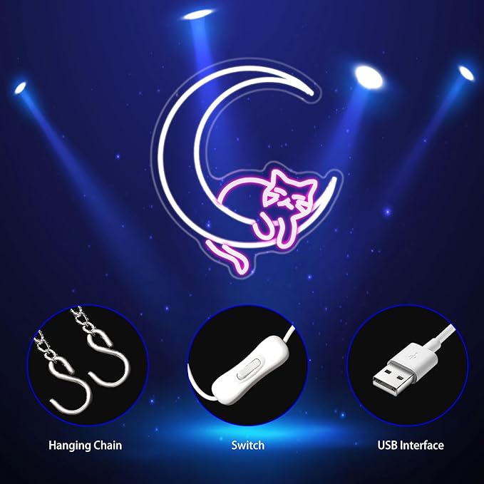 Moon Cat Neon Sign, Neon Signs for Wall Decor LED Light Up Signs Home Decor for Bedroom Club Party Bar Shop USB Operated