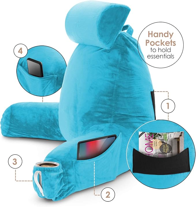 Nestl Reading Pillow Large Bed Pillow, Back Pillow for Sitting in Bed Shredded Memory Foam Chair Pillow, Reading & Bed Rest Pillows Bright Blue Back Pillow for Bed, Bed Chair Arm Pillow with Pockets