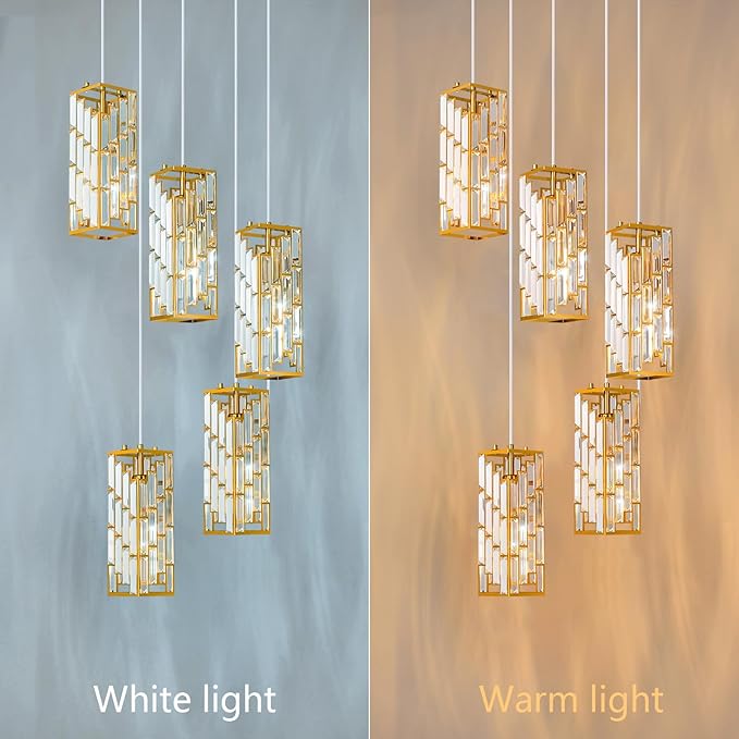 Gold Pendant Lighting Modern Pendant Light, Mini Crystal Chandeliers,Adjustable Pendant Light Fixture for Kitchen Island Dinning Room Bedroom (5 Light)