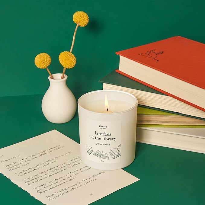 Literie NYC Inspired Scented Candle: Late Fees at The Library - Paper & Linen Scent, 9oz, 50 Hour Burn, Vegan Soy & Coconut Blend Candle for Home Decor, Gift for Women & Men