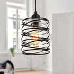 Black Pendant Lights for Kitchen Island, Industrial Farmhouse Pendant Light Fixtures with Seeded Glass Shade, Adjustable Spiral Iron Pendant Lighting for Foyer Hallway Dining Room Kitchen