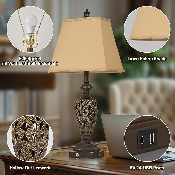 29.5" H Touch Traditional Table Lamp Set of 2,Vintage Bedside Nightstand Lamps with Dual USB and Night Light, 3-Color Hollow Out Leafwork Bronze Gold Finish Desk Lamps for Living Room,Bedroom