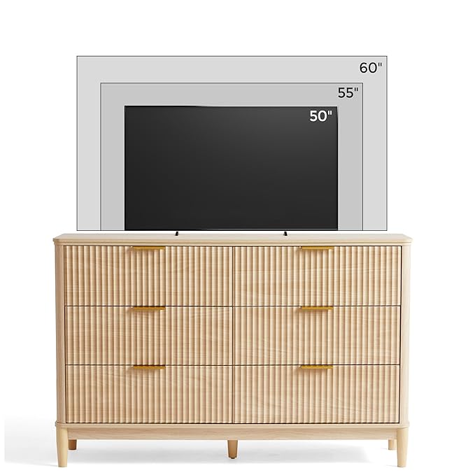 LINSY HOME Fluted Dresser for Bedroom with 6 Drawers, 54" Wide Mid Century Modern Dressers, Tall Boho Chest of Drawers, Large Wood Accent Storage Cabinet for Living Room, Curved Profile Design, Oak