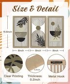 Putuo Decor Boho Abstract Wall Art, Set of 3, Modern Geometric Botanical Wooden Wall Decor, Mid-Century Minimalist Framed Artwork, Neutral Toned Aesthetic Prints, for Living Room, Bedroom, Office