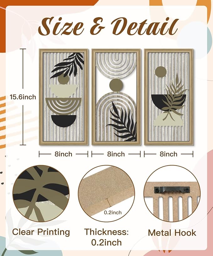 Putuo Decor Boho Abstract Wall Art, Set of 3, Modern Geometric Botanical Wooden Wall Decor, Mid-Century Minimalist Framed Artwork, Neutral Toned Aesthetic Prints, for Living Room, Bedroom, Office