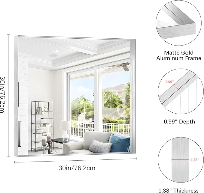 Silver Bathroom Mirror, 30x30 Inch Rectangular Framed Mirror, Large Wall Mounted Bathroom Vanity Mirror Over Sink for Bedroom,Restroom, Living Room, Hangs Vertically or Horizontally