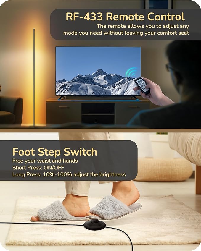 EDISHINE Corner Floor Lamp, Dimmable LED Light with Remote, 3 Color Temperature 3000K-4500K-6000K, 57.5" Modern Black LED Floor Lamp for Bedroom, Living Room, Office