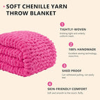 L'AGRATY Chunky Knit Blanket Throw: 50''x60'' Chenille Chunky Knitted Throw Blanket for Bed Couch - Handmade Thick Big Cable Knit Blankets - Large Crochet Rope Blanket for Home Decor(Hot Pink)