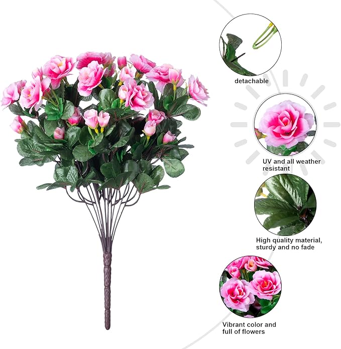 Artificial Fake Outdoor Outside Flowers Plants For Fall Decor, Faux Silk Pink Camellia UV Resistant Realistic for Front Door Porch Patio Planter Balcony Garden Yard Home Decor, 3 Large Bundles
