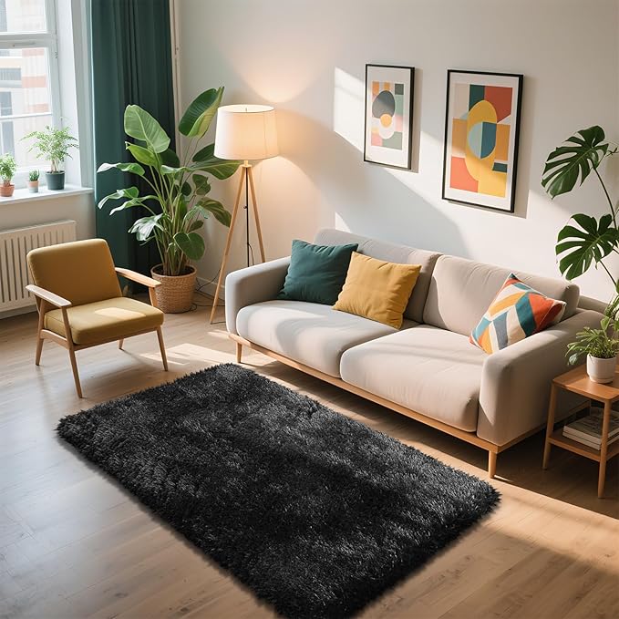 Shag Area Rug for Bedroom 3x5,Black Fluffy Area Rugs for Living Room,Soft Fuzzy Rug Non-Shedding Indoor Plush Carpet for Kids Bedroom Nursery Dorm Home Decor