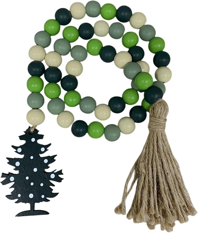 40" Handmade Farmhouse Bead Garland Wood with Tassel, Boho Chic Decorative String Beads Home Decor, Table Tiered Tray Country Wooden Accents (Christmas Evergreen Cheer, 0.63" Diameter)