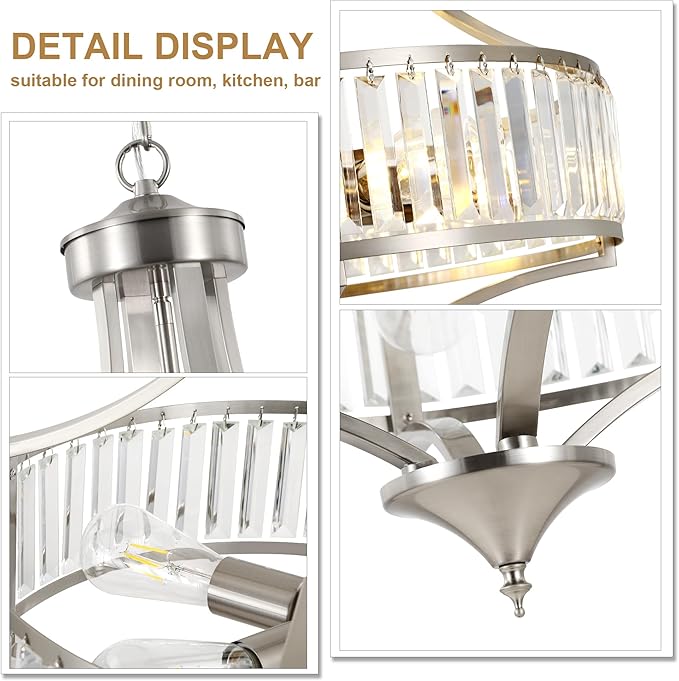 20" Brushed Nickel Chandeliers for Dining Room, 5-Light Modern Crystal Chandelier for Entryway, Hanging Round Light Fixture for Kitchen Island Living Room Bedroom Office Bathroom Staircase